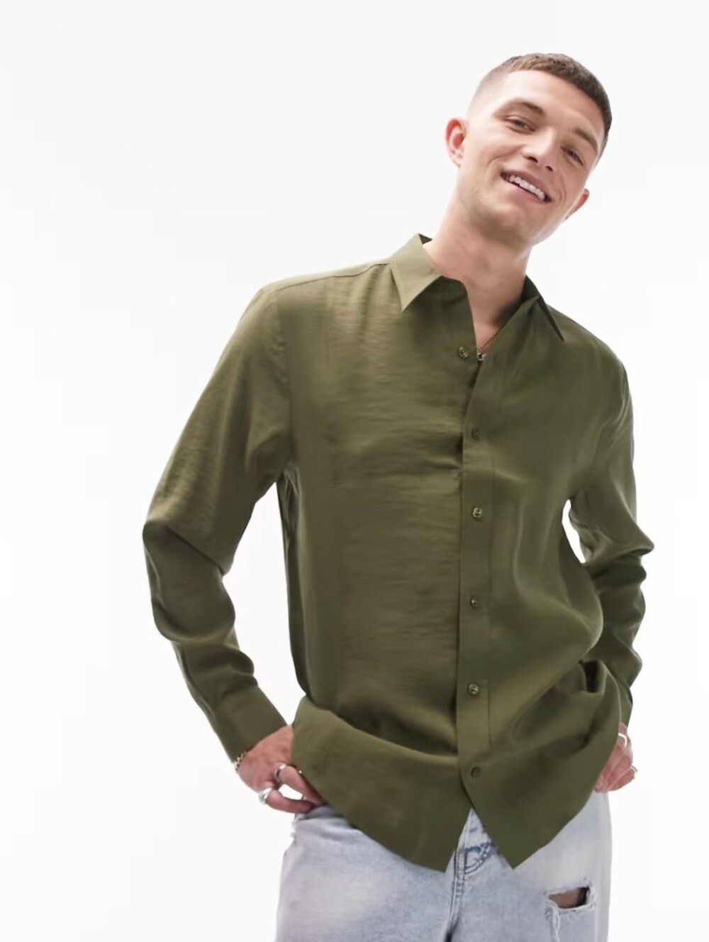 Topman long sleeve regular fit flowing modal shirt in khaki